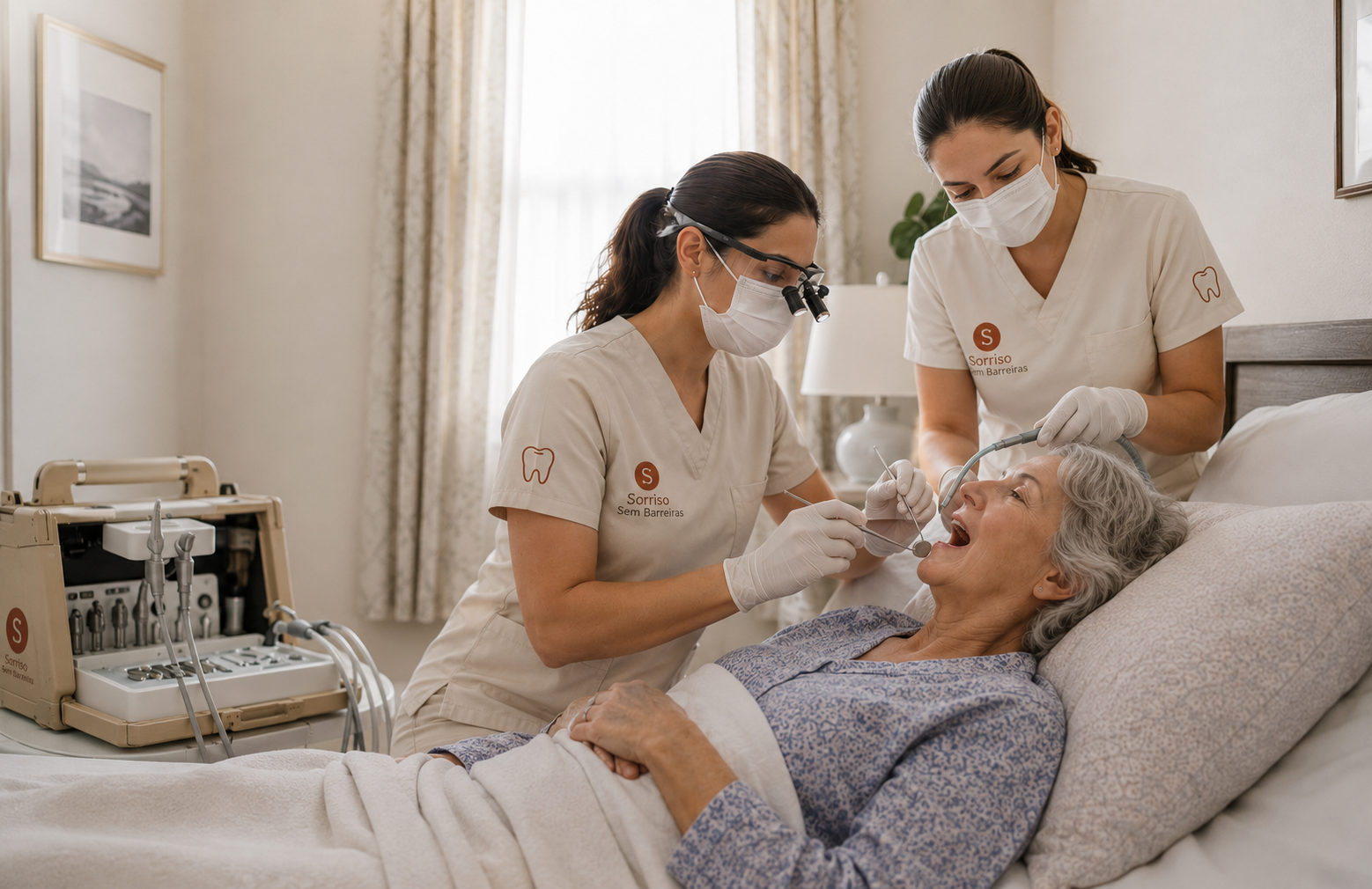 Dentist providing gentle dental care to a patient in bed at home